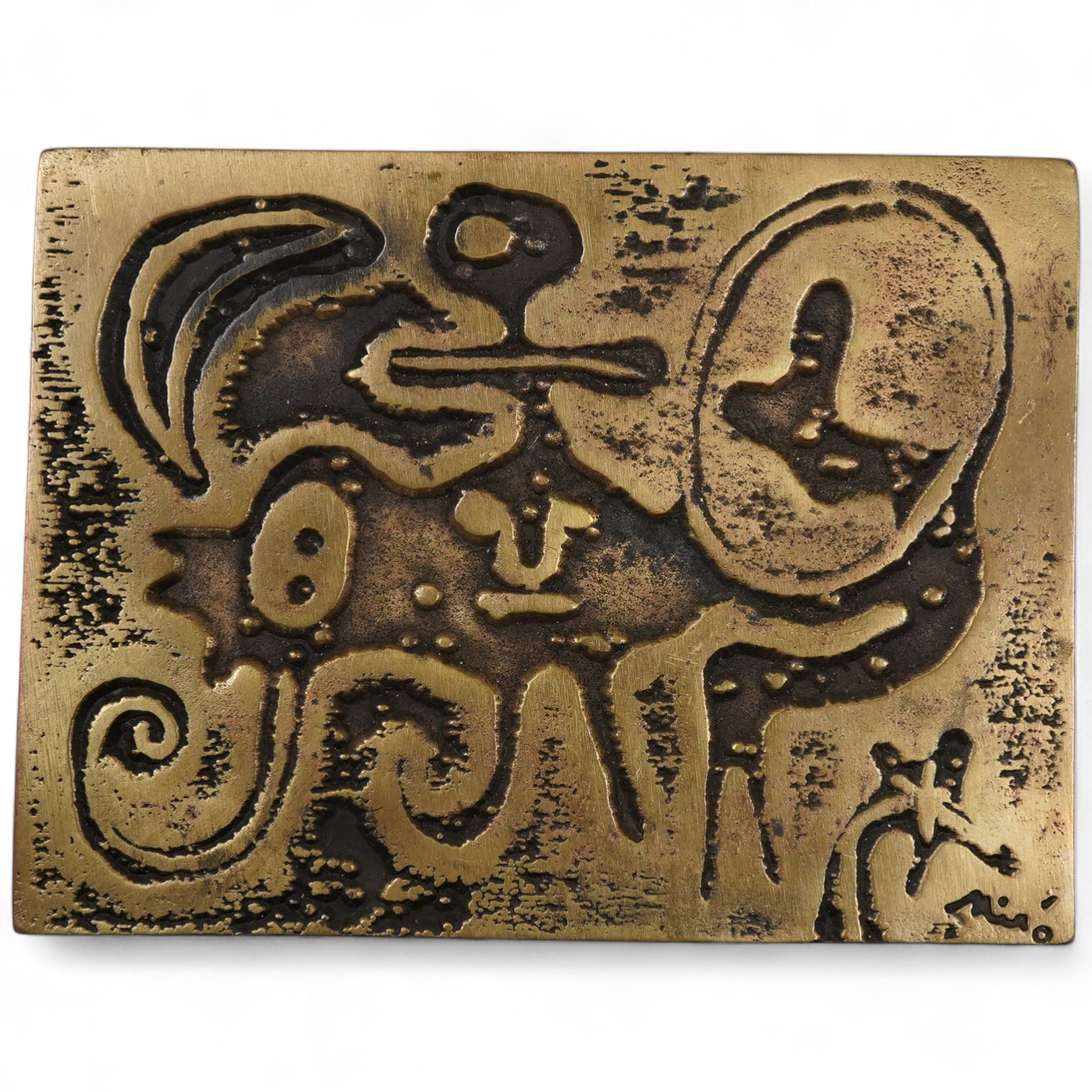 Joan Miro (1893-1983), an abstract bronze plaque, Laurels Number one 1947, signed in the casting, 11cm wide